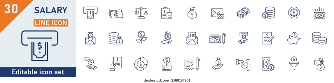 Salary line icon set. Set of 30 outline icons related to salary, wages, income, money, payment, cash, results of work and others. Editable stroke. Vector illustration.