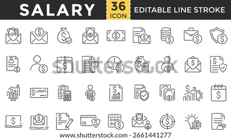 Salary Line Icon Set. Pixel Perfect and Outline Editable Stroke Icons collection for Taxes, Accounting, Cash, Paycheck, Payroll, Income, Compensation, Wage, Bonus, Deduction, and Payment