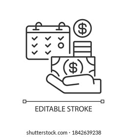 Salary linear icon. Payday, wages payment, income thin line customizable illustration. Contour symbol. Well paid job. Money and calendar vector isolated outline drawing. Editable stroke