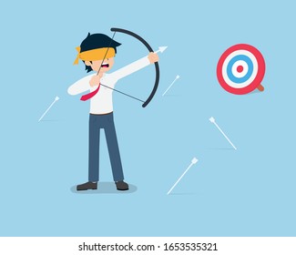 Salary Man Being blindfolded and the arrow misses the target because of being invisible. A good business plan must have a clear goal.