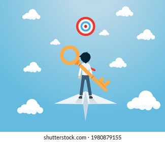 Salary Man Carry giant Key Stand On The Paper Plane Flying To Goal Target. Get ready and focus on your goals.