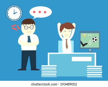 salary man cheering soccer in the office but his boss was stand behind him