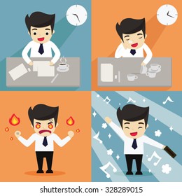 Salary man in four activities; working, taking a nap, angry and happy. business concept flat vector illustration