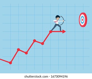 Salary man looking at the target on a high mountain from below. When You have a good business plan, be ready to go to the goal