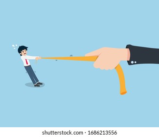 Salary Man Pulling the rope from the giant business hand with difficulty. Business inevitably has obstacles.