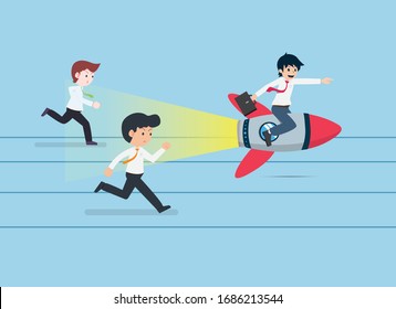 Hombre de sueldo Siéntese en un cohete y vaya más rápido que todos. Preparar un buen plan de negocios Tendremos una ventaja competitiva.