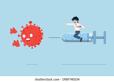 Salary Man Sitting on a large Syringe Vaccination against Coronavirus. Vaccination has protected many generations and contributed to providing good health.
