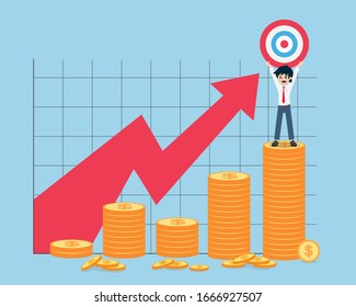 Salary Man Stand holding the target on the bar chart of coins highest point. If you have a good business plan. You will get a profit.