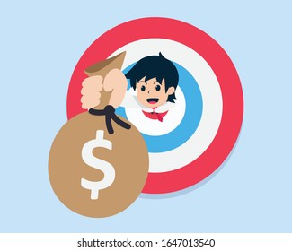 Salary man Standing on the target and raising the bag of money. Reach the goal and grab your reward.