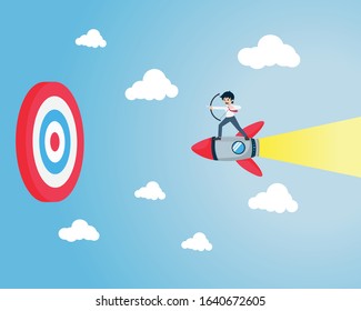 Salary Man stands on a rocket, carrying a bow aimed at Giant target. A good business plan will allow us to reach our goals quickly.