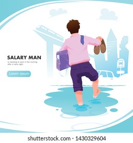 Salary man is traveling to work in the morning after a rainy night.Vector illustration.