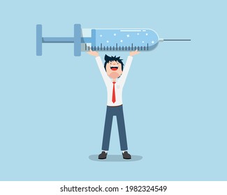 Salary man is very happy and lift a giant vaccine syringe. Having a vaccine, don't be afraid of the virus.