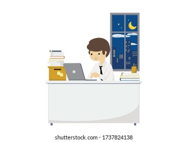 A salary man working at night flat design charactor vector 