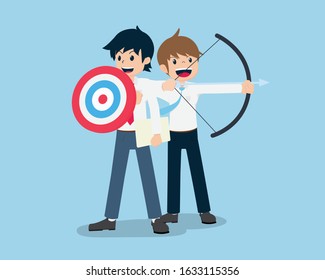 Salary, men stand and hold shields in the form of targets and colleagues hold arrows. Fight together