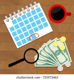 Salary money concept every month cartoon top view. Salary increase, vector money payroll, compensation and salary survey illustration. Overhead monthly income finance salary