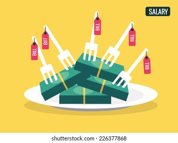Salary money on plate with Bill forks. flat design. vector illustration