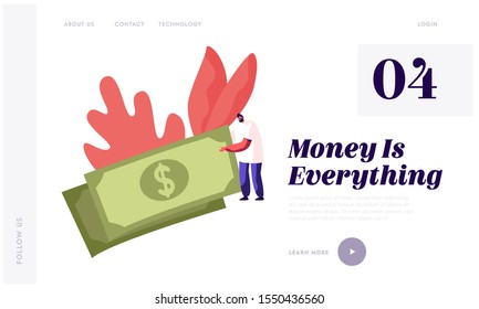 Salary and Money Profit Website Landing Page. Tiny Male Character Holding Huge Dollar Banknote in Hands. Business Man Make Investment, Budget Planning Web Page Banner. Cartoon Flat Vector Illustration
