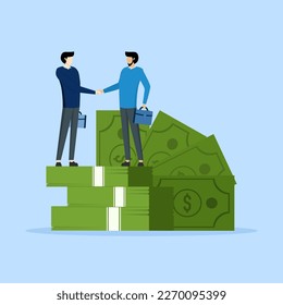 Salary negotiation concept, business people shaking hands over pile of banknotes after finalizing a deal, discussion about salary increase or wage and benefits agreement, business deal.