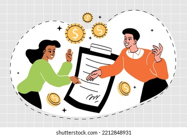 Salary Negotiation Concept. Man And Woman Shake Hands Against Background Of Document. Successful Negotiations, Characters Make Deals. Financial Literacy And Income. Cartoon Flat Vector Illustration