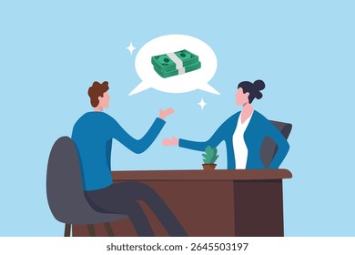 Salary negotiation, money compensation or job wage income, career performance reward, benefit or pay rate, employment incentive, job offer, business people manager negotiate salary with new employee.