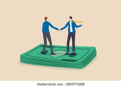 Salary negotiation, pay raise discussion or wages and benefit agreement, business deal or merger and acquisition concept, business people handshake on pile of money banknote after finish agreement.