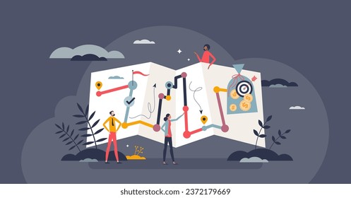 Salary negotiation strategies and wage raise planning tiny person concept. Pathway map with plan to talk with company boss for more money and financial earnings vector illustration. Ask work incomes.