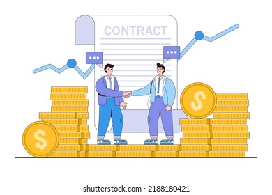 Salary negotiation, wage and benefit agreement, pay raise discussion, commercial deals, idea of mergers and acquisition concepts. Businesspeople handshake on piles of coin and signs the contract.