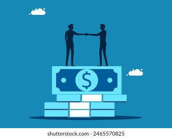 Salary negotiations. Businessmen holding hands on stack of banknotes 