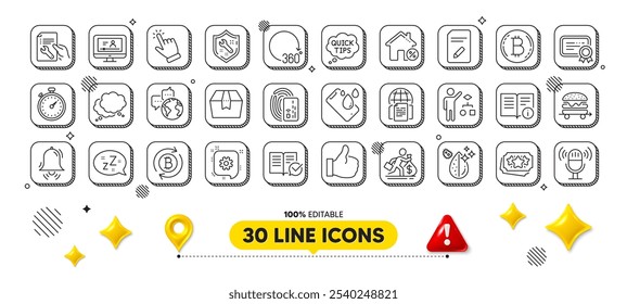 Salary, Package box and Algorithm line icons pack. 3d design elements. Refresh bitcoin, Online video, Smartphone waterproof web icon. Sleep, Quick tips, Food delivery pictogram. Vector