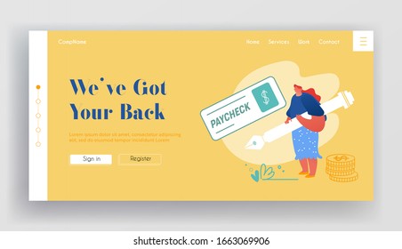 Salary Payment with Company Bank Cheque Website Landing Page. Girl Carry Huge Ink Pen for Signing Paycheck with Dollar Sign and Golden Coins around Web Page Banner. Cartoon Flat Vector Illustration