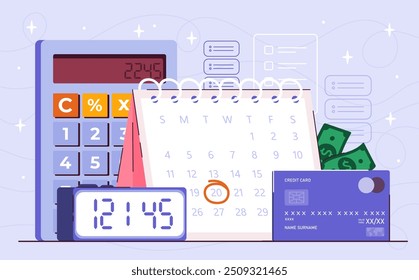 Salary payment concept. Calculator near calendar and banking card. Financial litearcy and passive income. Earnings and profit. Employee payment day. Flat vector illustration