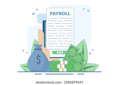 salary payment concept. Invoice paper. payroll, invoice sheet. Payroll template, calculate salary, budget concept. Top view. Modern flat design vector illustration on background.