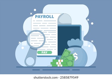 salary payment concept. Invoice paper. payroll, invoice sheet. Payroll template, calculate salary, budget concept. Top view. Modern flat design vector illustration on background.