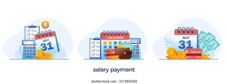 salary payment concept, paycheck, accounting, payroll, schedule, wallet, flat illustration vector