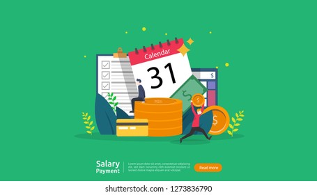 salary payment concept. Payroll, annual bonus, income, payout with paper calculator and people character. web landing page template, banner, presentation, social, and print media. Vector illustration