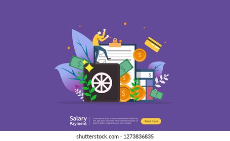 salary payment concept. Payroll, annual bonus, income, payout with paper calculator and people character. web landing page template, banner, presentation, social, and print media. Vector illustration