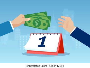 Salary payment concept. Vector of a businessman paying the employee wage giving dollar banknotes.