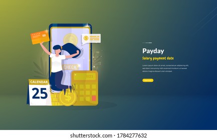 Salary Payment Date Or Payday Illustration Concept, Happy Women Receive Money Or Salary For Business Concept