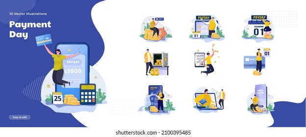 Salary payment date, payday illustration collection set