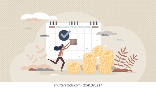 Salary and payment date for work as monthly payroll tiny person concept. Financial wage paycheck time for employee performance vector illustration. Business earnings payout planning. Money for job.