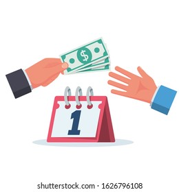 Salary payment. The head pays the employee wages. Payroll concept. Vector illustration flat design. Isolated on white background. The first day of the payday calendar.