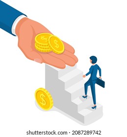 Pago de salarios. El jefe paga los salarios de los empleados. Concepto de nómina. Mujer sube las escaleras. Ilustración vectorial diseño isométrico 3d. Aislado sobre fondo blanco. 