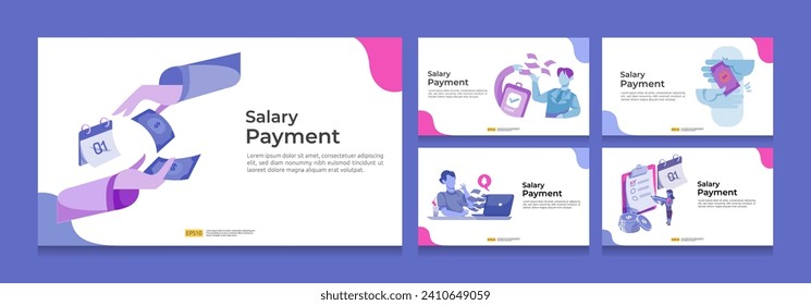 salary payment and payroll illustration set bundle for annual bonus, income, payout with people character. flat vector for web landing page template, banner, presentation, social, and print media