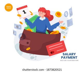 Salary Payment vector Illustration idea concept for landing page template, employee or workers are happy receive a monthly salary,  people calculating money, active  income. Flat Styles