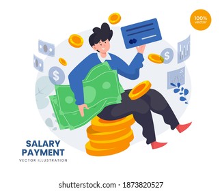 Salary Payment Vector Illustration Idea Concept For Landing Page Template, Employee Or Workers Are Happy Receive A Monthly Salary,  People Calculating Money, Active  Income. Flat Styles