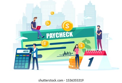 Salary And Payroll Concept. Vector Of Employees, Calendar With Payday And A Paycheck 