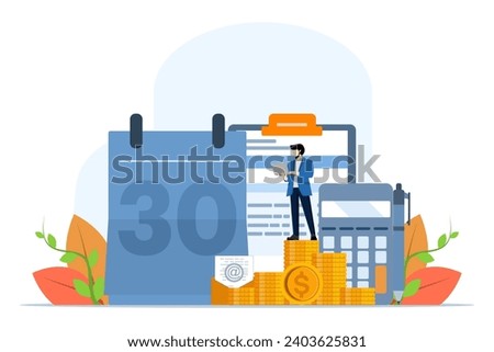 Salary payroll system concept, online income calculation and automatic payment, office accounting administration or calendar payment date, businessman standing with online payroll computer.