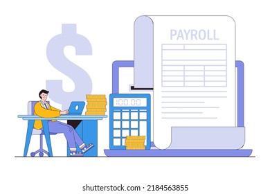 Salary payroll system for employee, financial wage calculation and automatic payment, administrative or calendar pay date for office accounting concept. Businessman compute online income using laptop.