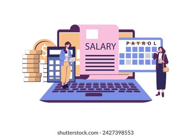 Salary payroll system, online income calculate and automatic payment, office accounting administrative or calendar pay date, employee wages concept, businessman standing with online payroll computer.