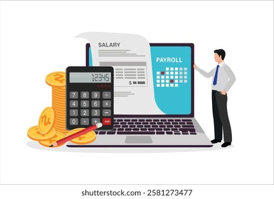 Salary payroll system, online income calculate and automatic payment, office accounting administrative or calendar pay date, employee wages concept, businessman standing with online payroll computer.
